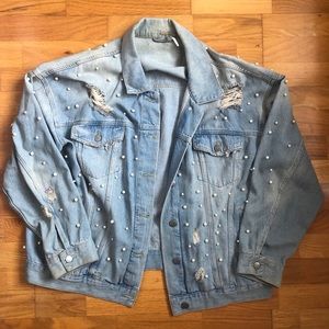 Free People distressed denim jacket with pearls